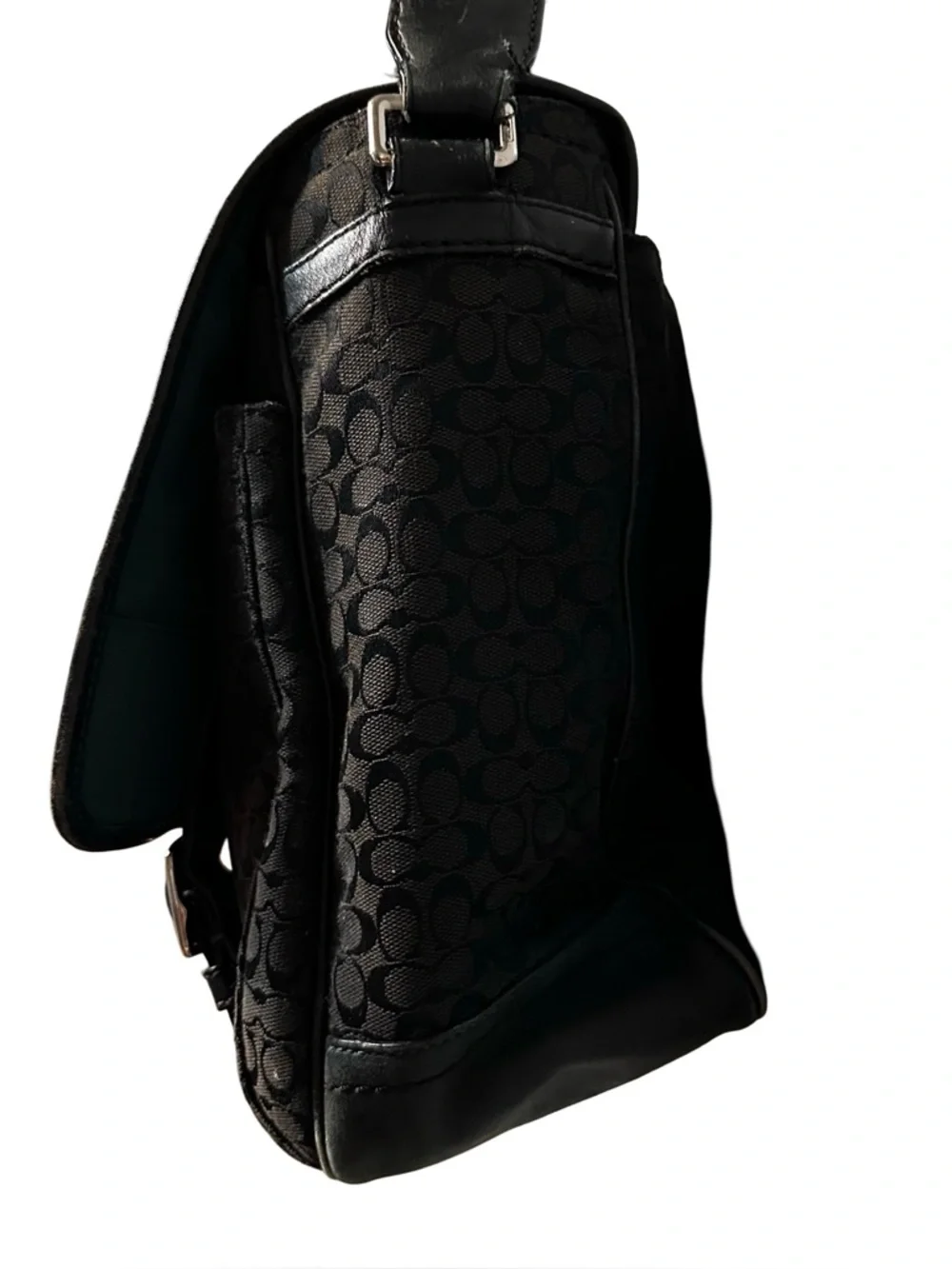 COACH Black Jacquard Messenger Bag Laptop Canvas Leather Trim Saddle Signature